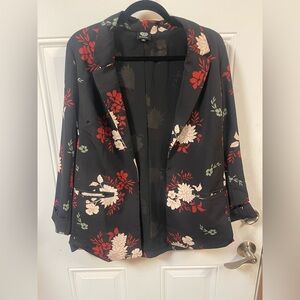 Bobeau Black Floral Open Front Blazer Jacket - Work Wear - Office Chic - Modern